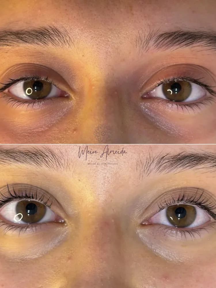 Antes e depois de lash lift: cílios naturais curvados e alongados após o procedimento